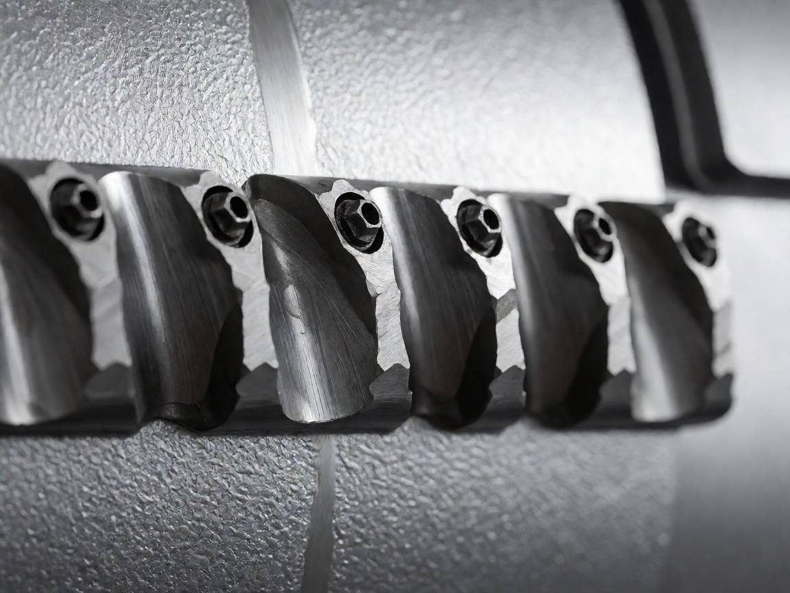 Closeup of grinder cutterbody with bolted carbide teeth and worn edges