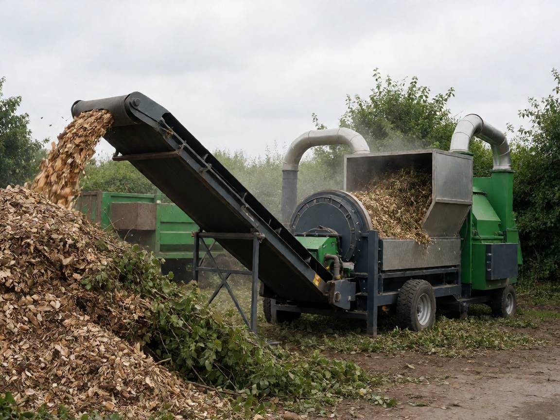 Horizontal grinder processing wood waste at recycling yard