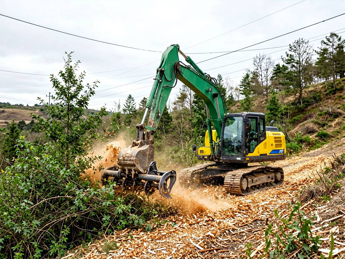 FAE mulching head clearing brush on a right of way