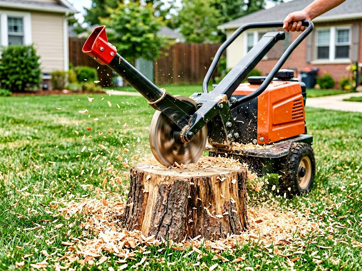 Stump grinder machine cutting a stump with sharp carbide teeth