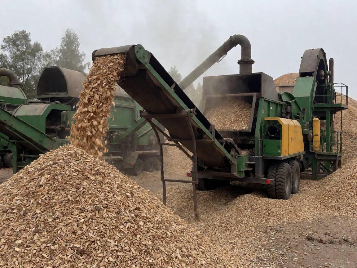 Horizontal wood grinder processing stumps and waste wood at biomass yard