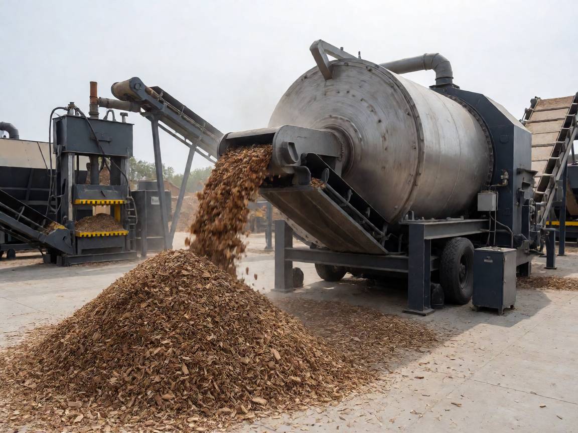 Tub grinder processing stumps and demolition wood at a biomass recycling yard