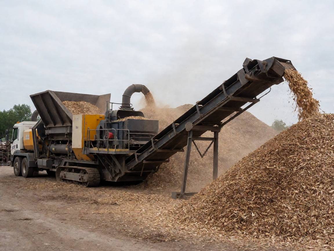 Horizontal tub wood grinder processing stumps and demolition wood at a biomass recycling yard