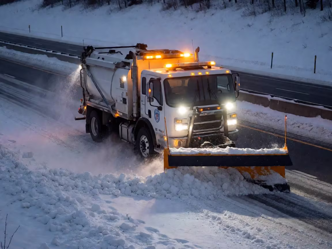 Municipal snow plow truck clearing a snowy highway at dusk