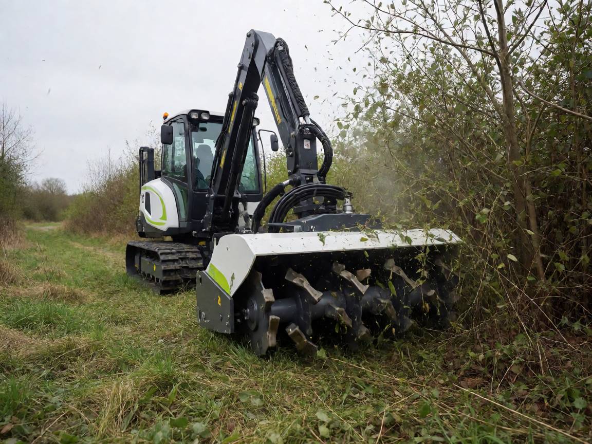 Tracked carrier with Prinoth mulching head clearing roadside vegetation