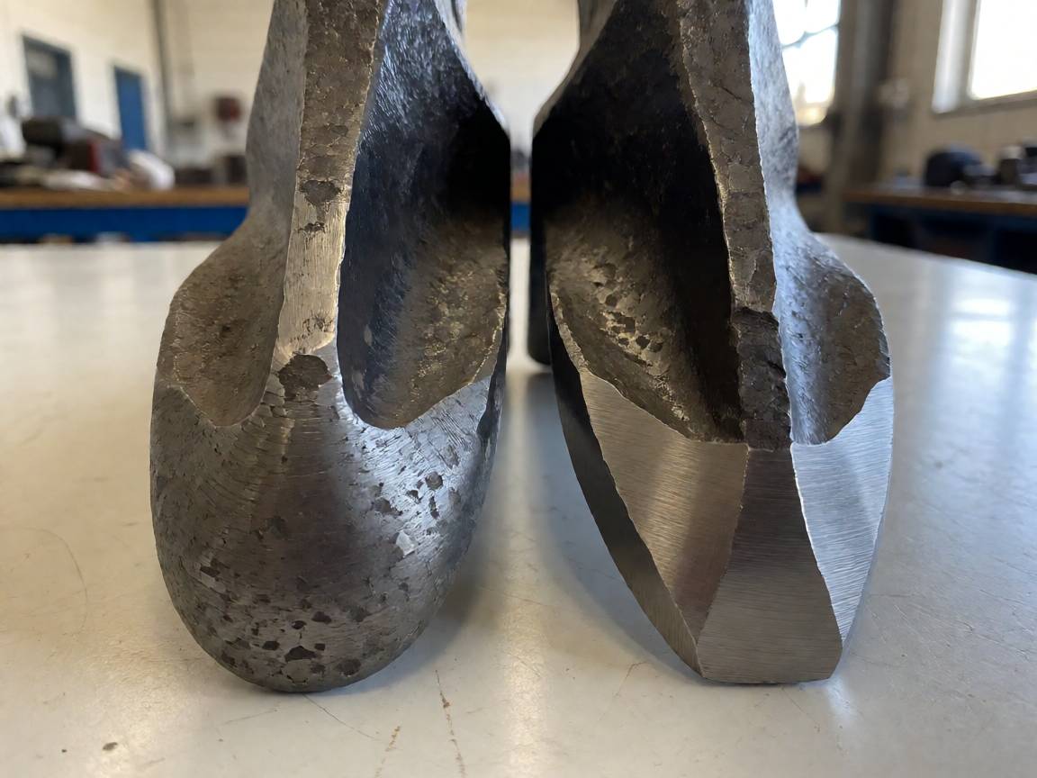 Worn and new Prinoth pattern mulcher teeth side by side