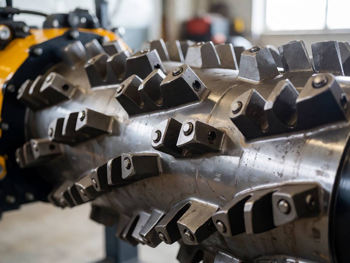 Mulcher rotor drum with rows of bolted carbide fixed hammers