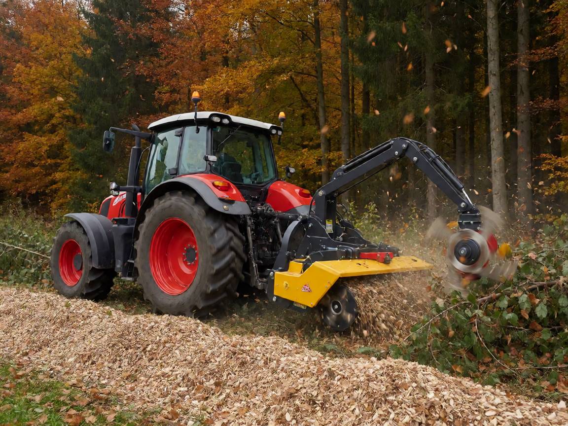 Tractor with PTO forestry mulcher working at forest edge