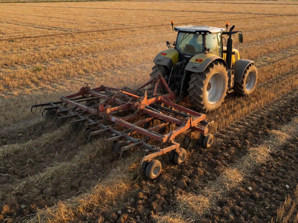 Tractor pulling a multi-row stubble cultivator through a harvested field